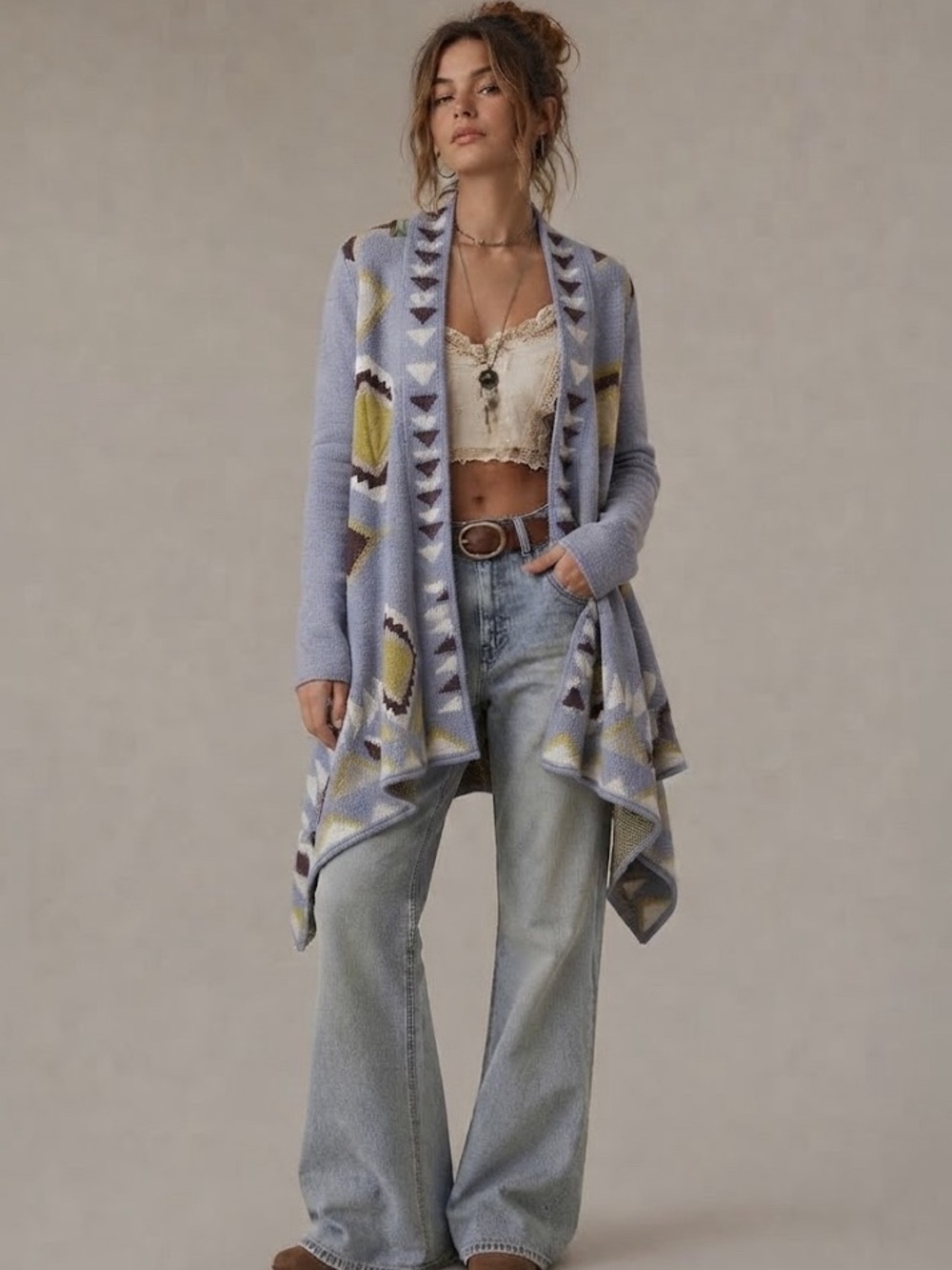 Anthropologie Wool Long Cardigan Size Large Geometric Boho Print Blue